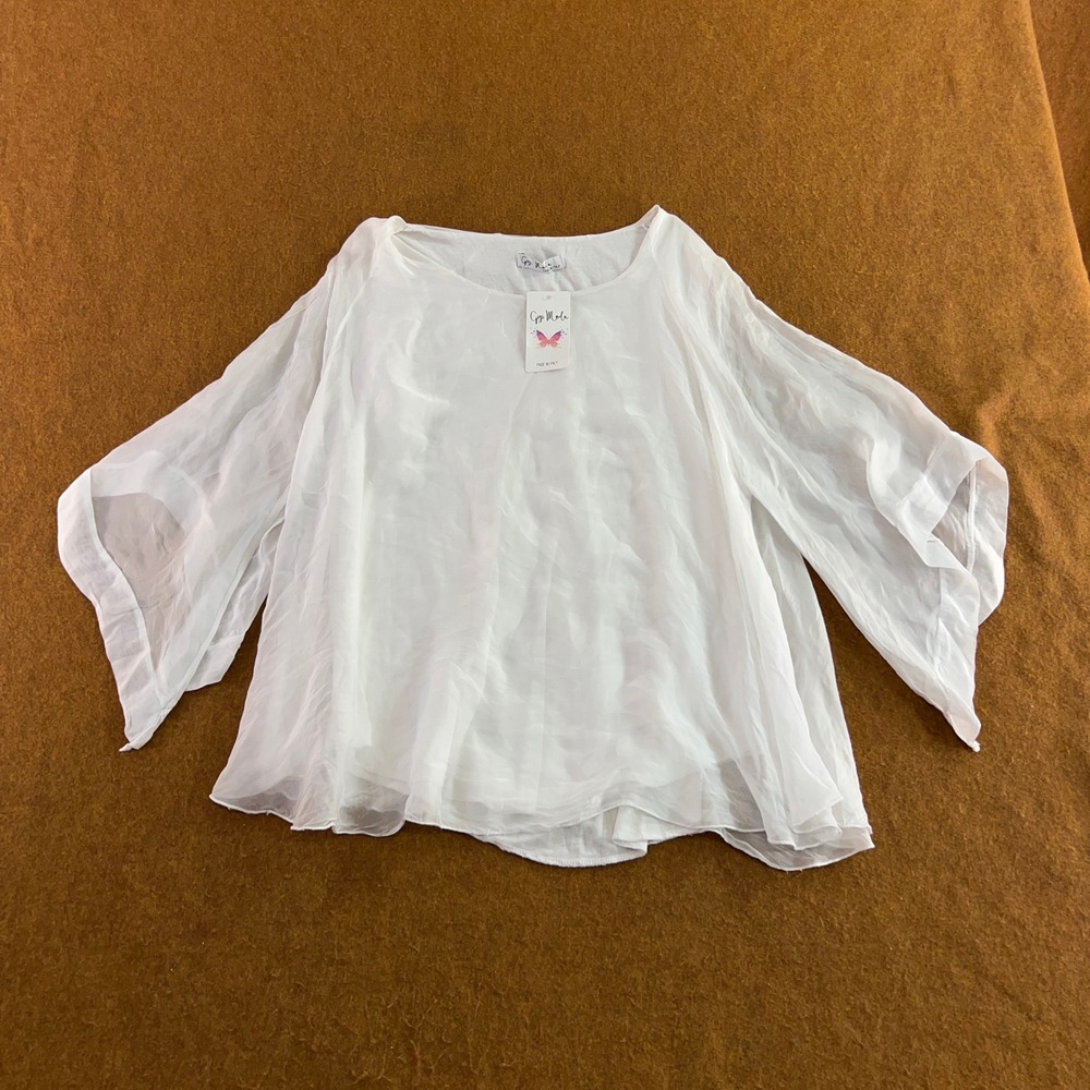 Gigi Moda Womens One Size White Silk Blend Layered Bell Sleeve Blouse Top New